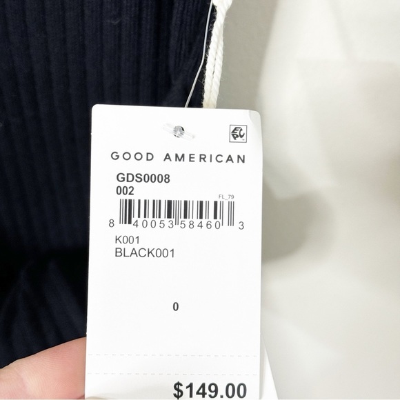 Good American Black Ribbed Sleeveless Belted Bodycon Midi Dress Size 0 or XS NWT - Picture 5 of 7